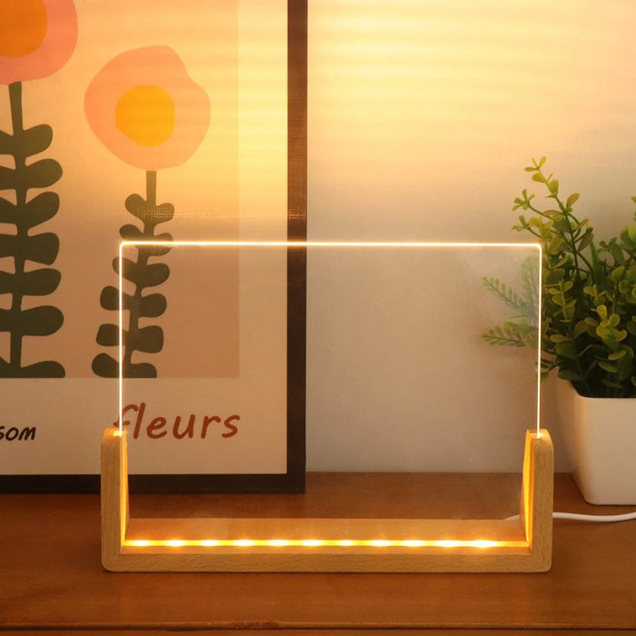 Large 203×150×4mm DIY Acrylic Handwritten Note Board Wood LED Light Stand Night Light USB Powered (Warm Light) - Beech Wood Base - 6