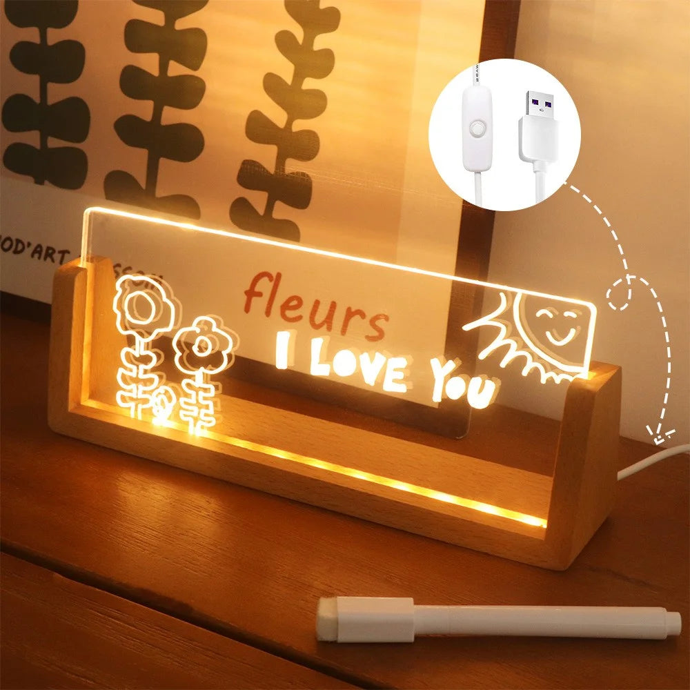 Large 203×80×4mm DIY Acrylic Handwritten Note Board Wood LED Light Stand Night Light USB Powered (Warm Light) - Beech Wood Base - 2