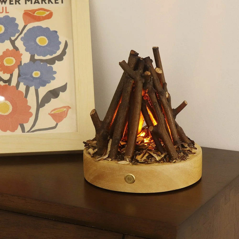 Portable Outdoor Camping Light Branch Campfire Lamp with Burning White Noise Handmade Desktop Home Decor Night Light Ambiance Lamp - Round  /  Natural Wood - 2