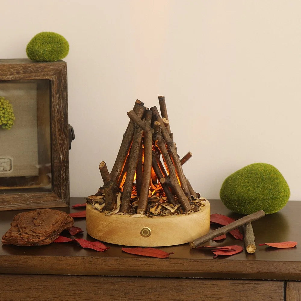 Portable Outdoor Camping Light Branch Campfire Lamp with Burning White Noise Handmade Desktop Home Decor Night Light Ambiance Lamp - Round  /  Natural Wood - 4