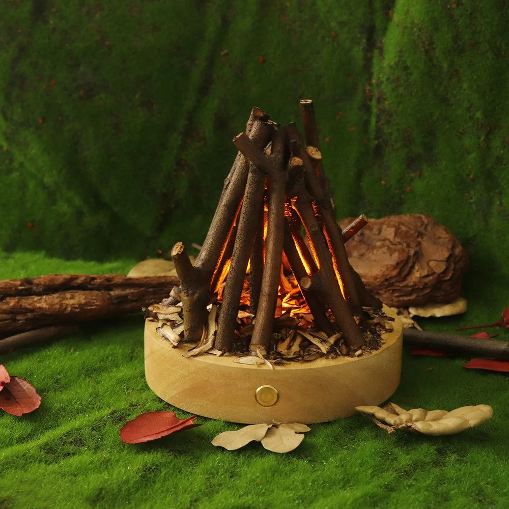 Portable Outdoor Camping Light Branch Campfire Lamp with Burning White Noise Handmade Desktop Home Decor Night Light Ambiance Lamp - Round  /  Natural Wood - 7