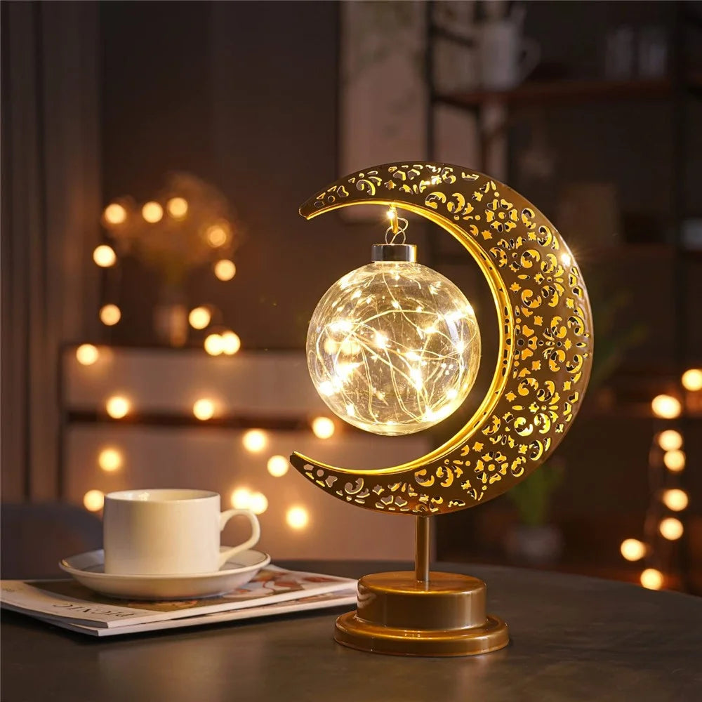 Hollow-Out LED Moon Lamp Iron Art Decorative Light Bedroom Ambient Night Light (Battery Not Included) - Round Shaped - 1