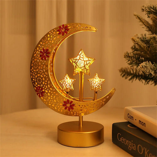 LED Iron Moon Star Lamp Decorative Table Lamp Bedroom Ambient Night Light Gift for Room Decoration (Battery Powered) - Moon Embracing Three Stars - 1