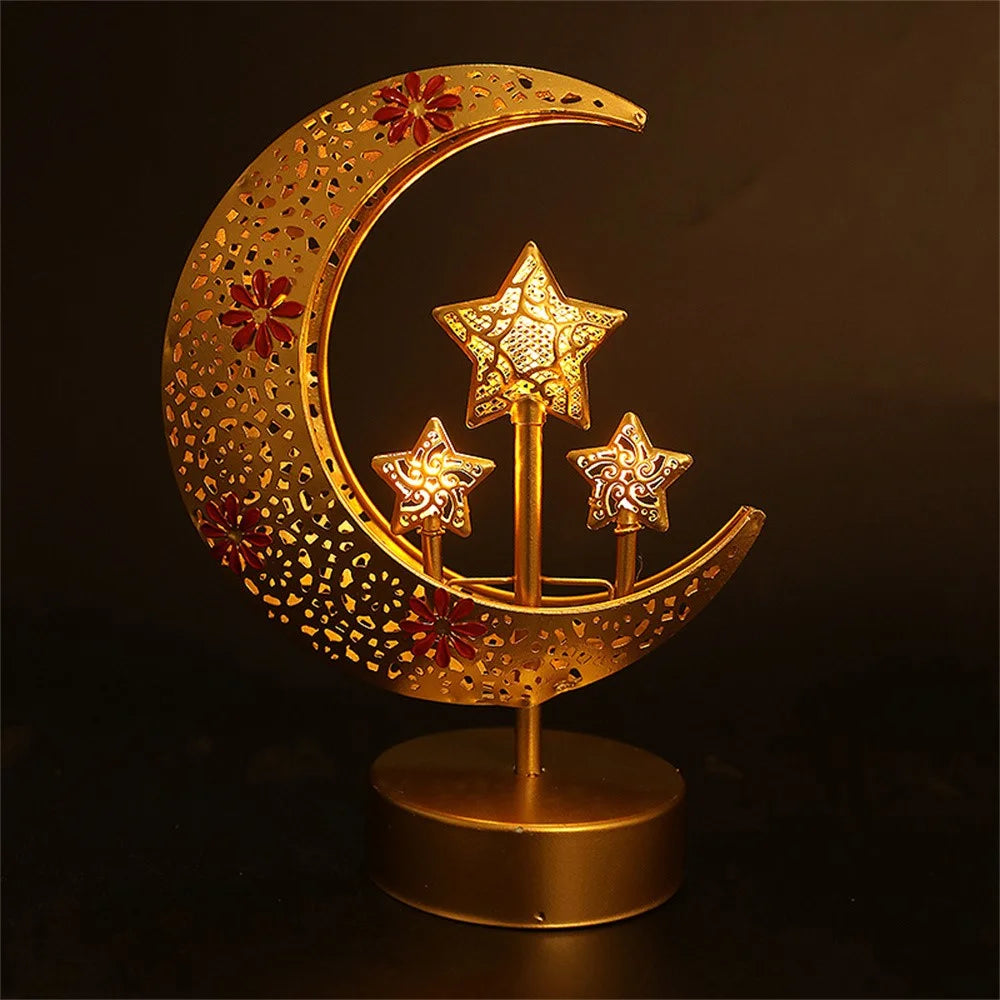 LED Iron Moon Star Lamp Decorative Table Lamp Bedroom Ambient Night Light Gift for Room Decoration (Battery Powered) - Moon Embracing Three Stars - 2