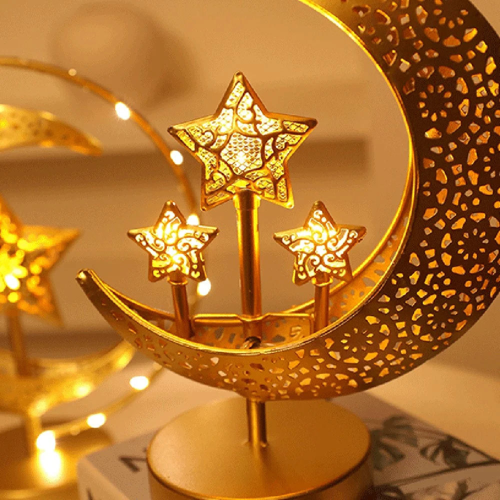 LED Iron Moon Star Lamp Decorative Table Lamp Bedroom Ambient Night Light Gift for Room Decoration (Battery Powered) - Moon Embracing Three Stars - 3