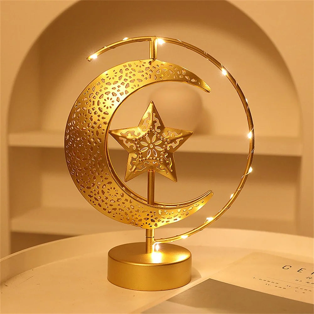 LED Iron Moon Star Lamp Decorative Table Lamp Bedroom Ambient Night Light Gift for Room Decoration (Battery Powered) - Moon Embracing Three Stars - 4