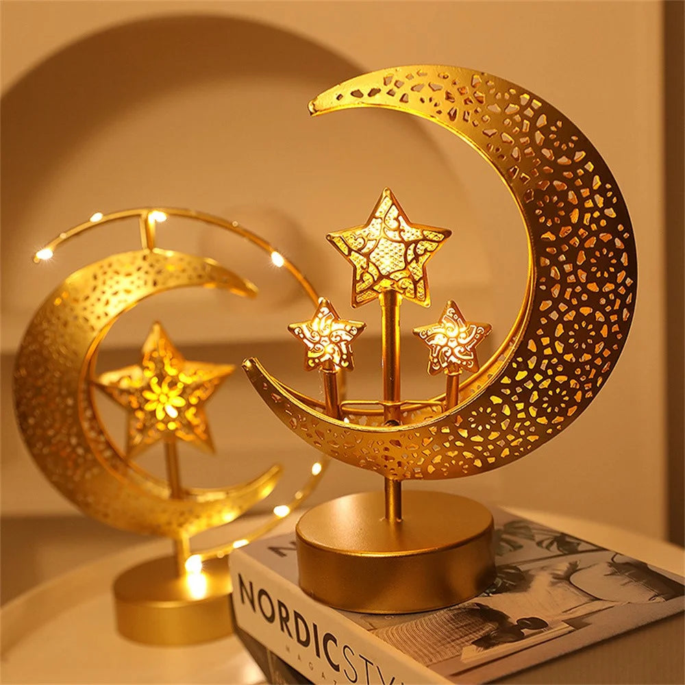 LED Iron Moon Star Lamp Decorative Table Lamp Bedroom Ambient Night Light Gift for Room Decoration (Battery Powered) - Moon Embracing Three Stars - 5