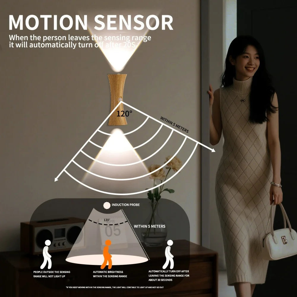 Motion Sensor Night Light Cordless Magnetic Wall Light Dimmable LED Lamp for Bedroom Staircase Hallway - Light Wood Grain - 2