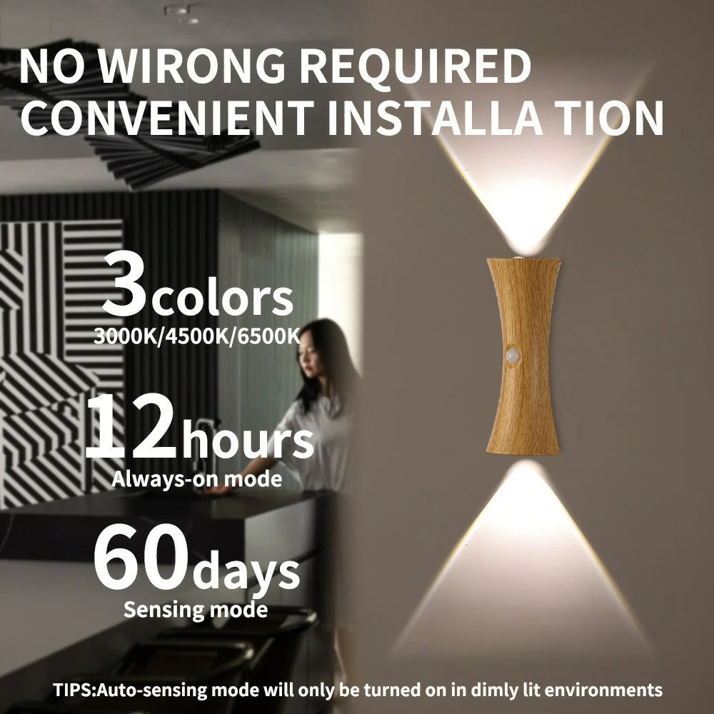 Motion Sensor Night Light Cordless Magnetic Wall Light Dimmable LED Lamp for Bedroom Staircase Hallway - Light Wood Grain - 3