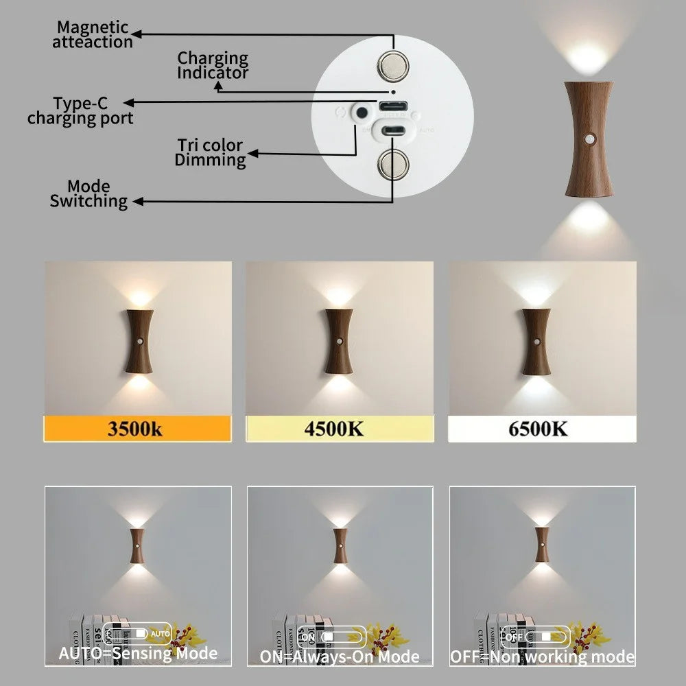 Motion Sensor Night Light Cordless Magnetic Wall Light Dimmable LED Lamp for Bedroom Staircase Hallway - Light Wood Grain - 5
