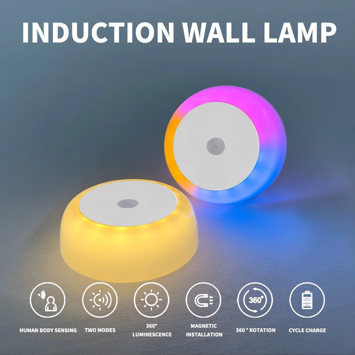 Round Wall Light Rechargeable Motion Sensor 3-Color Dimming LED Night Light with Magnetic Base - White - 5