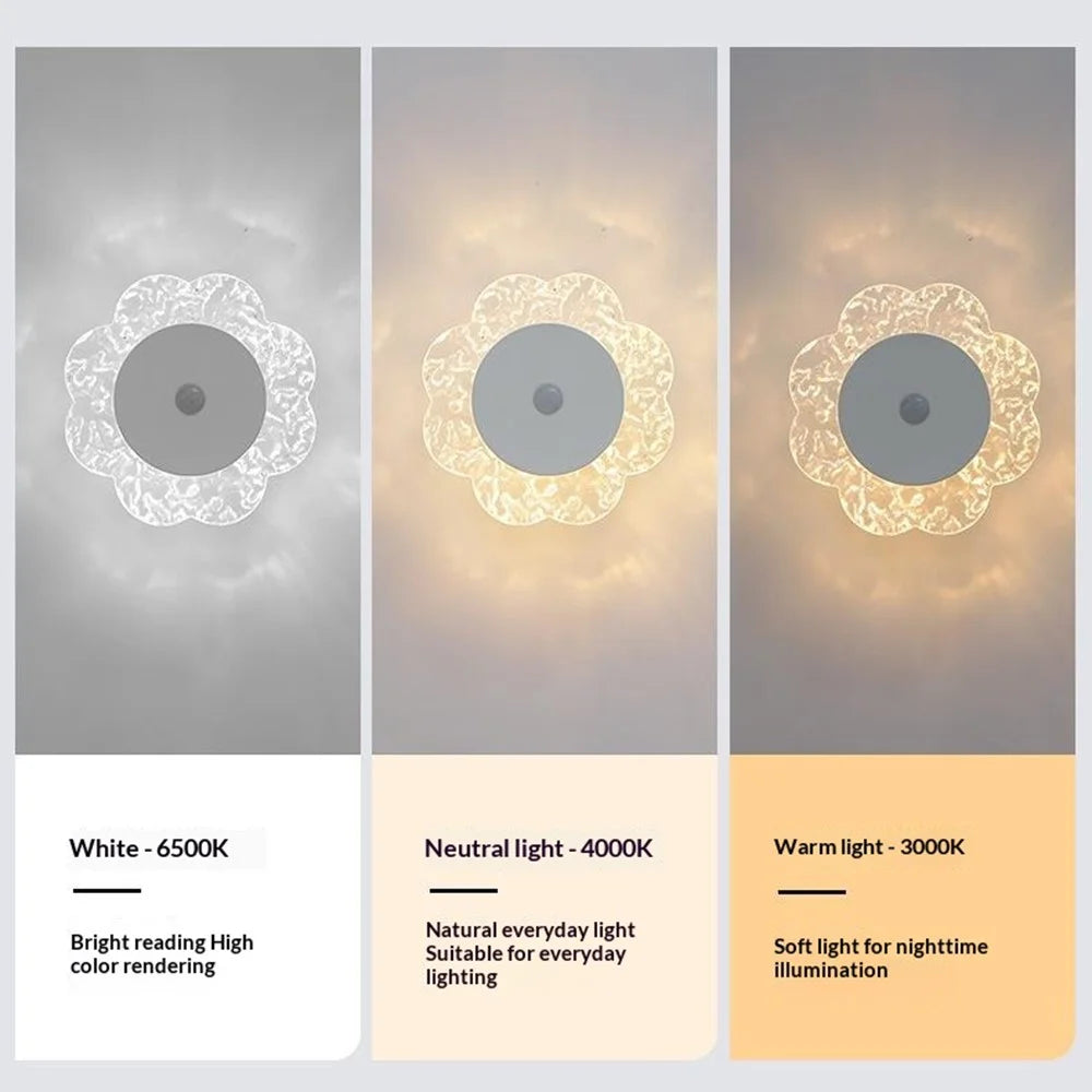 Flower Shaped Wall Light Rechargeable Motion Sensor 3-Color Modes Night Light with Magnetic Base - 2