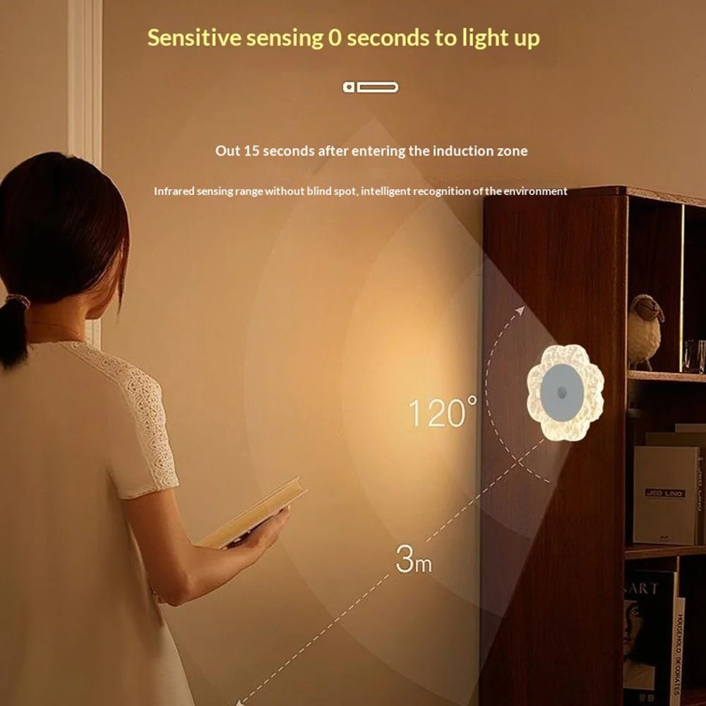 Flower Shaped Wall Light Rechargeable Motion Sensor 3-Color Modes Night Light with Magnetic Base - 3