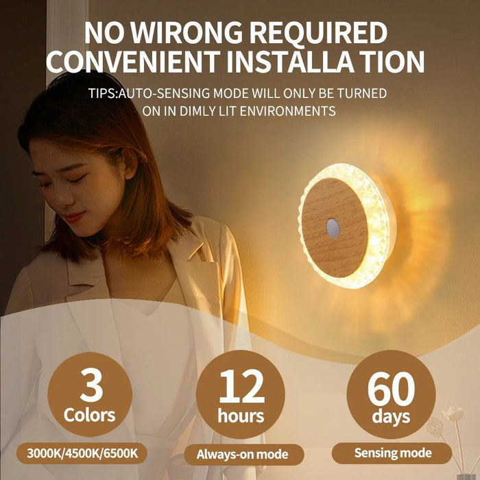 Smart Motion Sensor Night Light 3-Color Dimming Rechargeable LED Wall Lamp with Magnetic Base for Bedroom Hallway - Deep Wood Grain - 3