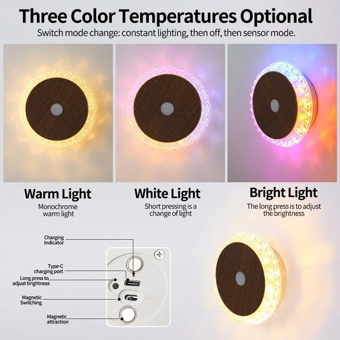 Smart Motion Sensor Night Light 3-Color Dimming Rechargeable LED Wall Lamp with Magnetic Base for Bedroom Hallway - Deep Wood Grain - 4