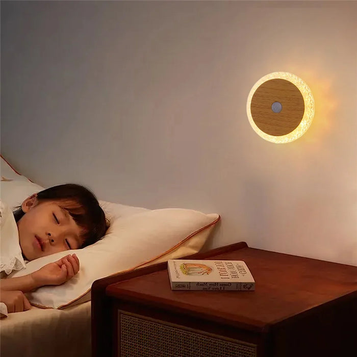 Smart Motion Sensor Night Light 3-Color Dimming Rechargeable LED Wall Lamp with Magnetic Base for Bedroom Hallway - Deep Wood Grain - 7