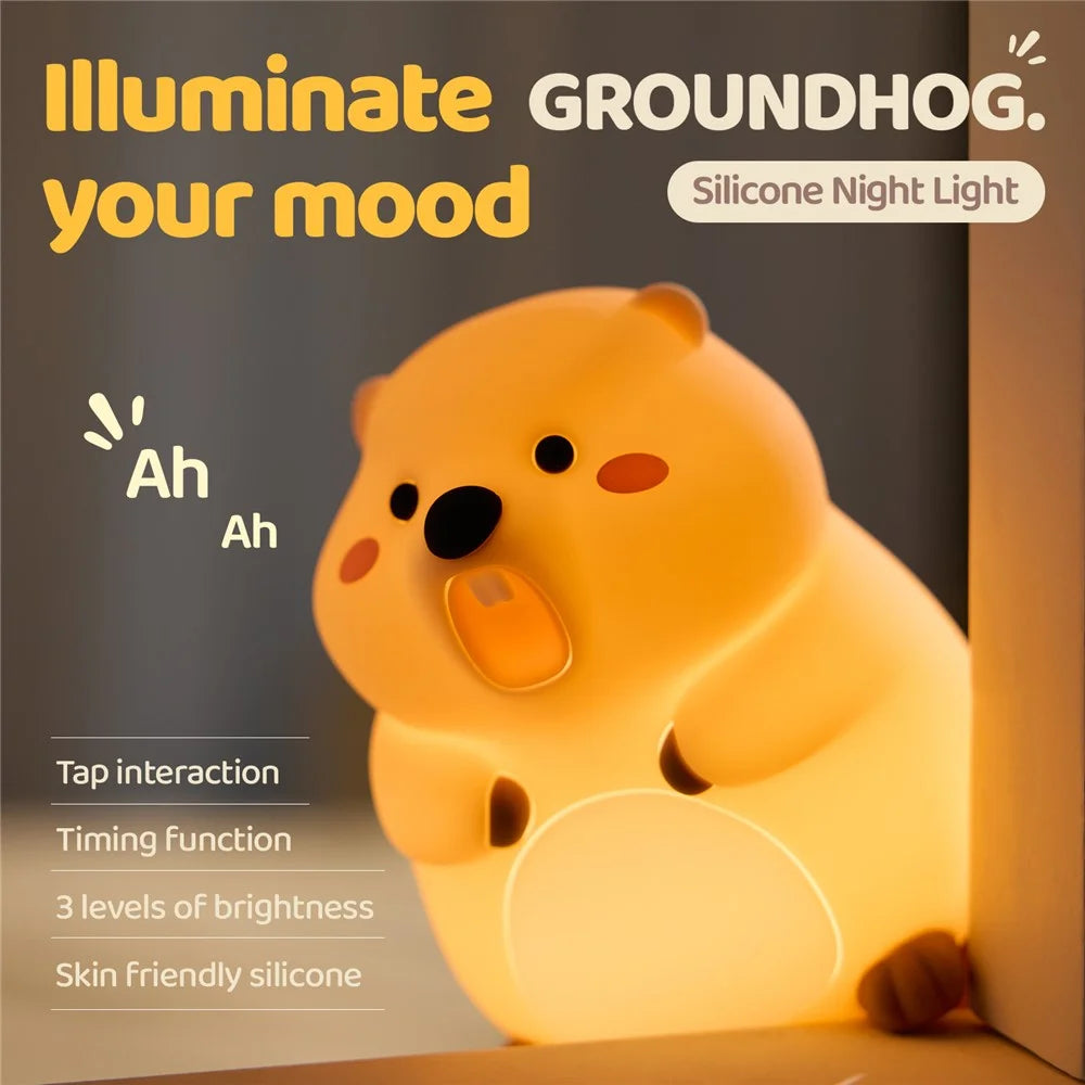 A077 Silicone Night Light Groundhog Shape 3-Level Touch Control 1200mAh 30min Timer - 2