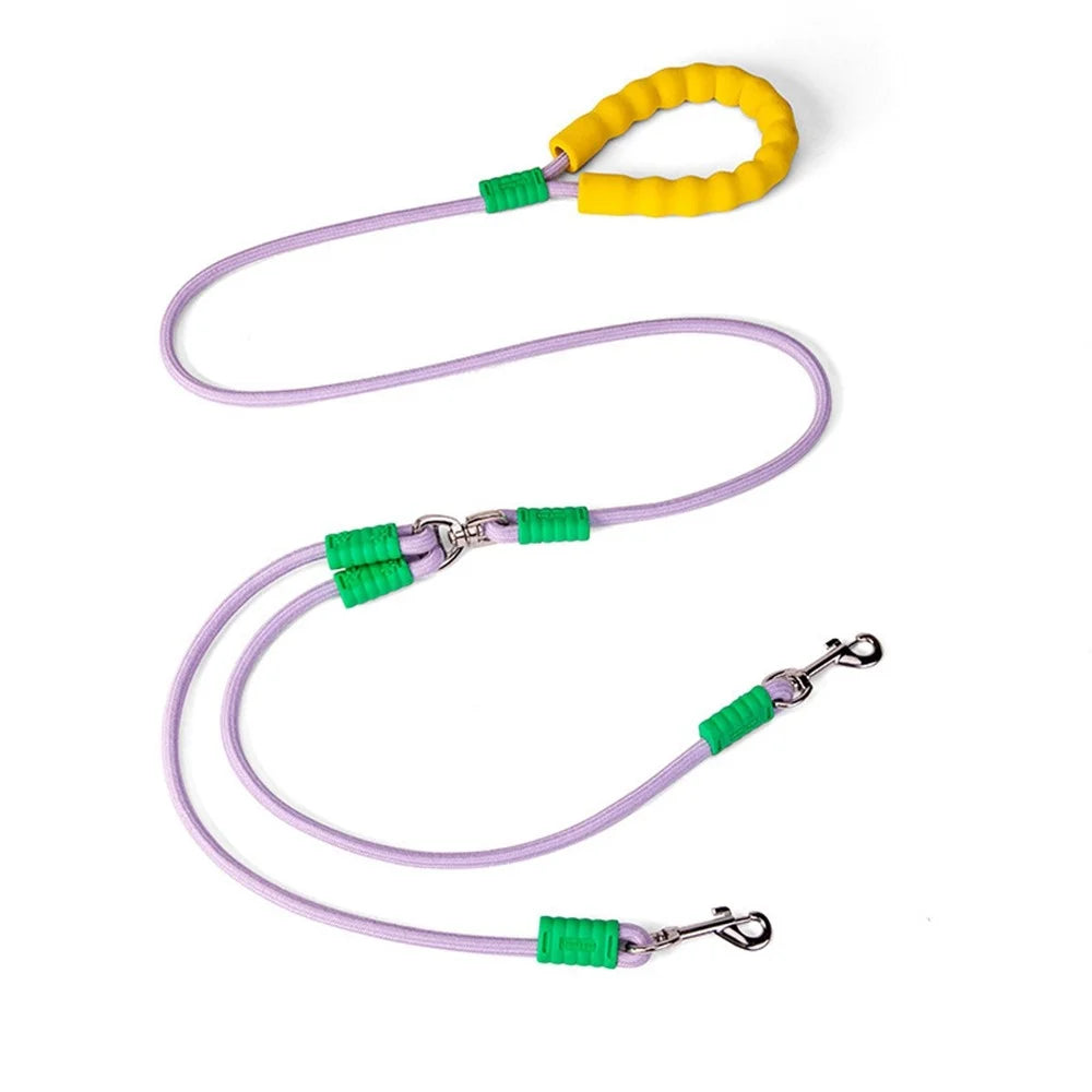 1.5m One-to-Two Woven Rope Walking Leash with Foam Grip Handle for Pet Dogs - Purple - 1