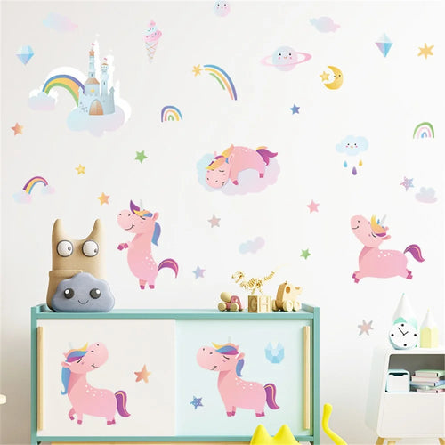 HY4020 4Pcs / Set Cartoon Pink Horse with Rainbows Wall Stickers DIY Mural Art Decor for Kids Room Girl Bedroom Wall Decals (No EN71 Certification) - 1