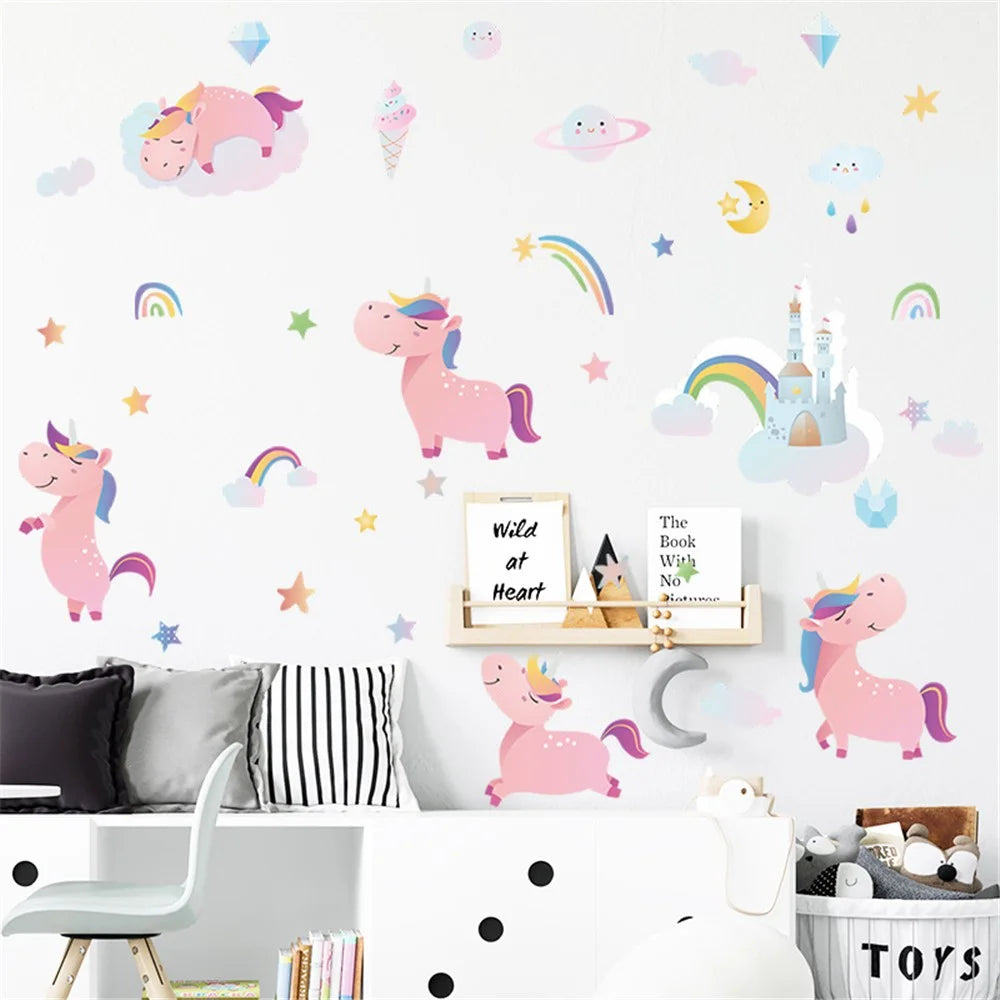 HY4020 4Pcs / Set Cartoon Pink Horse with Rainbows Wall Stickers DIY Mural Art Decor for Kids Room Girl Bedroom Wall Decals (No EN71 Certification) - 3