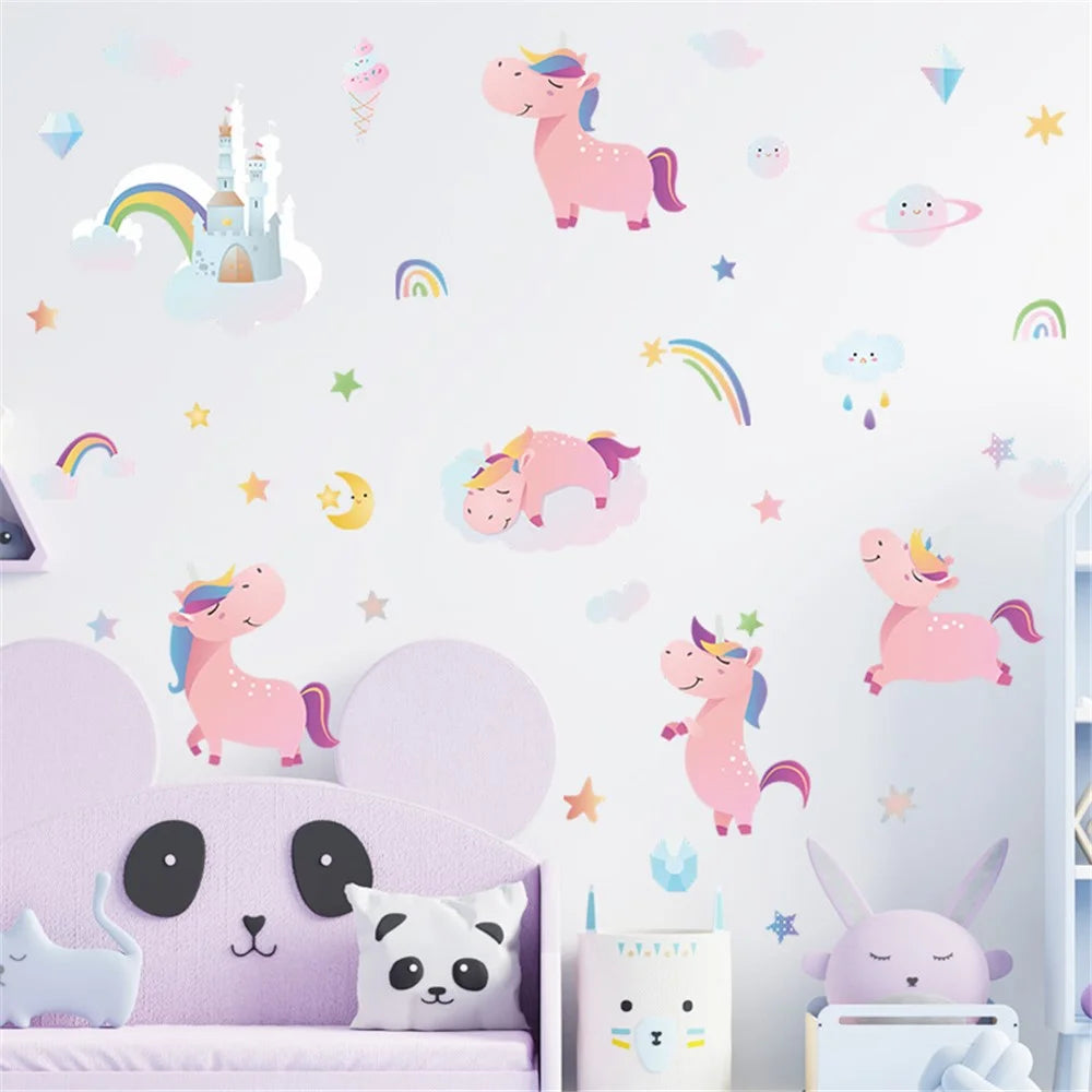 HY4020 4Pcs / Set Cartoon Pink Horse with Rainbows Wall Stickers DIY Mural Art Decor for Kids Room Girl Bedroom Wall Decals (No EN71 Certification) - 4