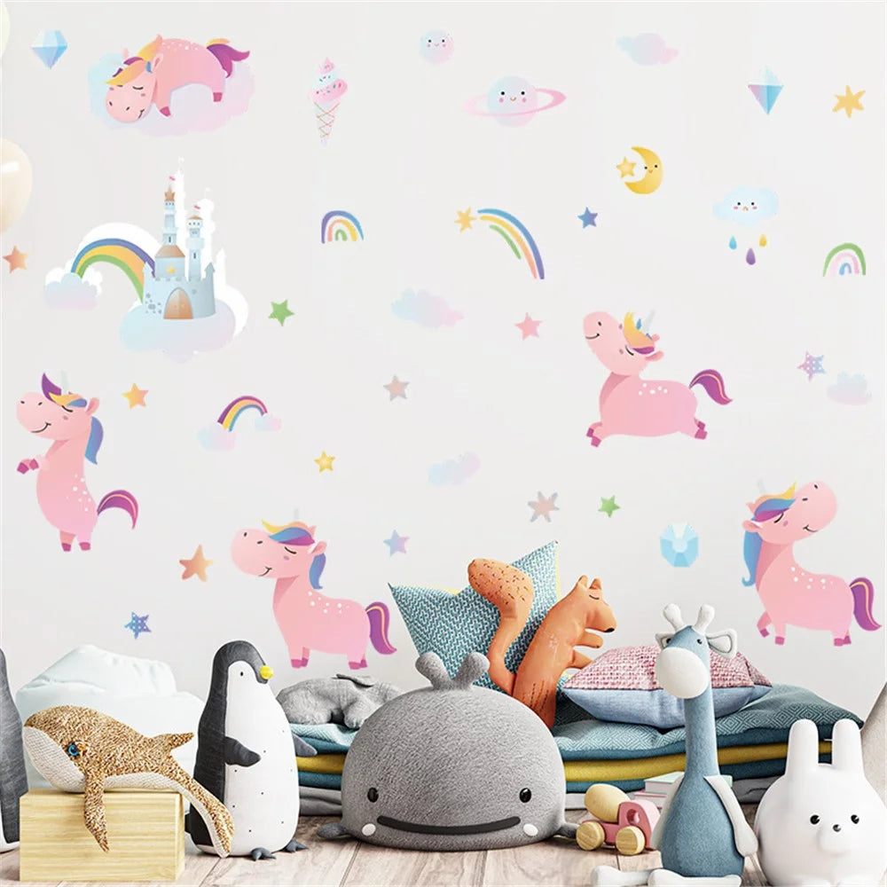 HY4020 4Pcs / Set Cartoon Pink Horse with Rainbows Wall Stickers DIY Mural Art Decor for Kids Room Girl Bedroom Wall Decals (No EN71 Certification) - 5