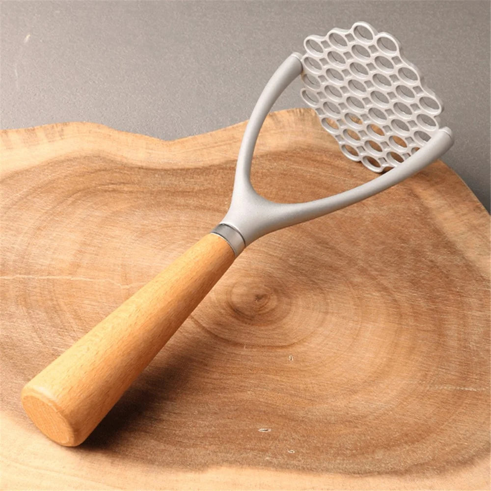 Manual Potato Masher Aluminum Alloy Pumpkin Fruit Masher Presser with Wooden Grip (No FDA, BPA Free) - 2