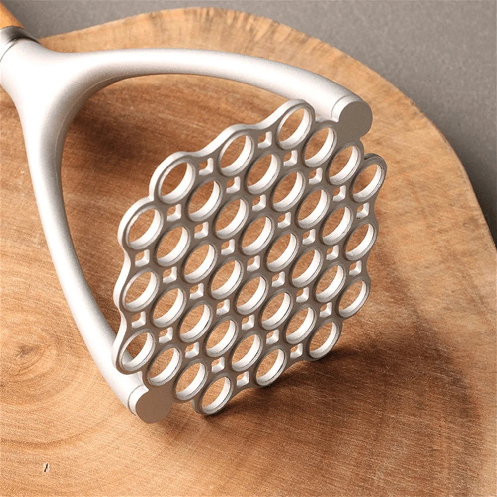 Manual Potato Masher Aluminum Alloy Pumpkin Fruit Masher Presser with Wooden Grip (No FDA, BPA Free) - 3