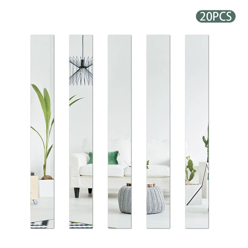 H01210 20PCS Self-adhesive Acrylic Mirror Wall Stickers 5X50CM Rectangle DIY Wall Decals Art Decoration Gift for Home - Silver - 1