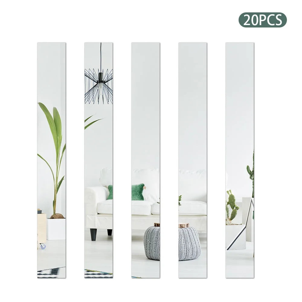 H01210 20PCS Self-adhesive Acrylic Mirror Wall Stickers 5X50CM Rectangle DIY Wall Decals Art Decoration Gift for Home - Silver - 1