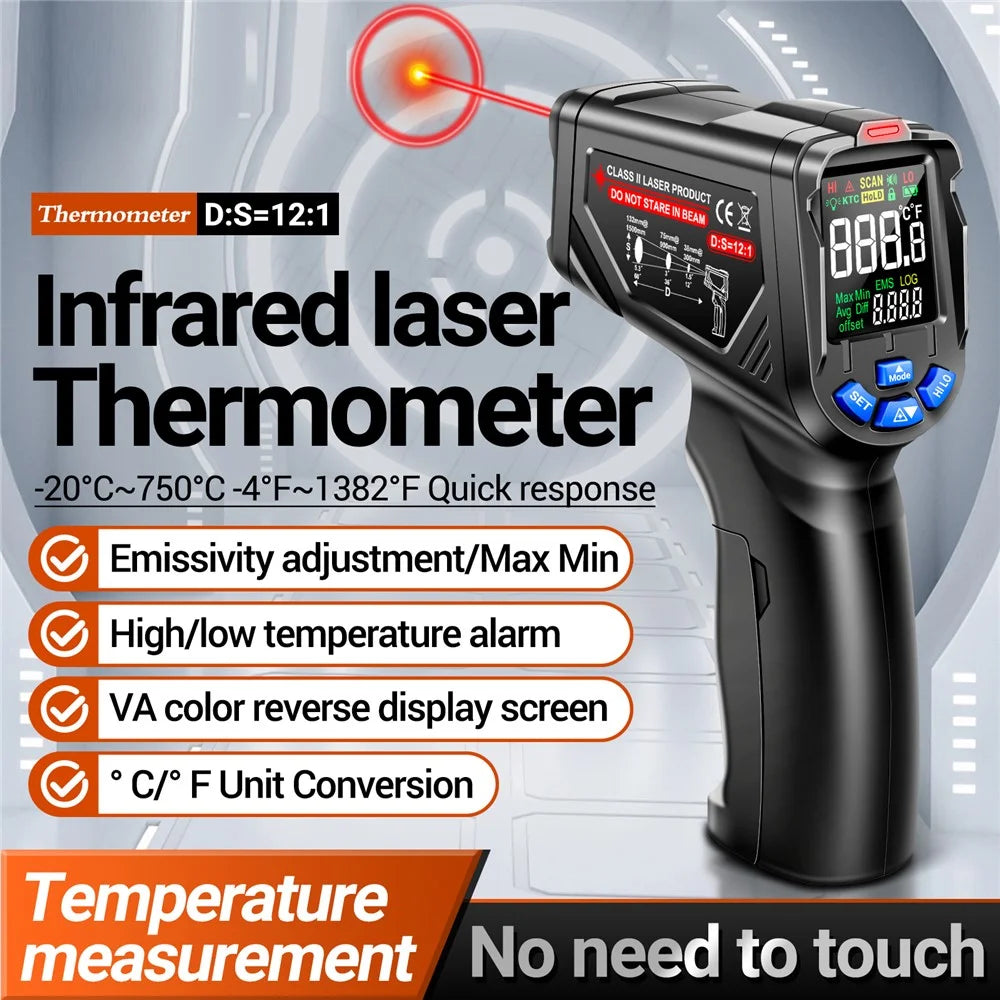 ANENG TH06 Digital Infrared Thermometer Temperature Gun -20 - 750 Degrees Celsius Handheld Non Contact Reverse Screen Industrial Tool - Black - 2
