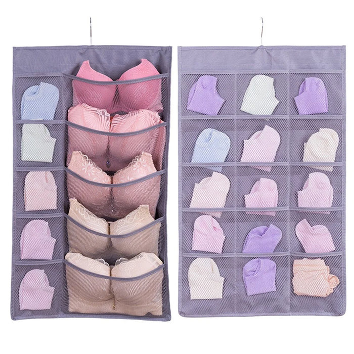 25 Pockets Wardrobe Bra Underwear Socks Storage Oxford Cloth Double-Sided Hanging Bag - Grey - 1
