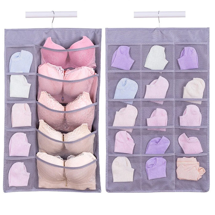25 Pockets Wardrobe Bra Underwear Socks Storage Oxford Cloth Double-Sided Hanging Bag - Grey - 6