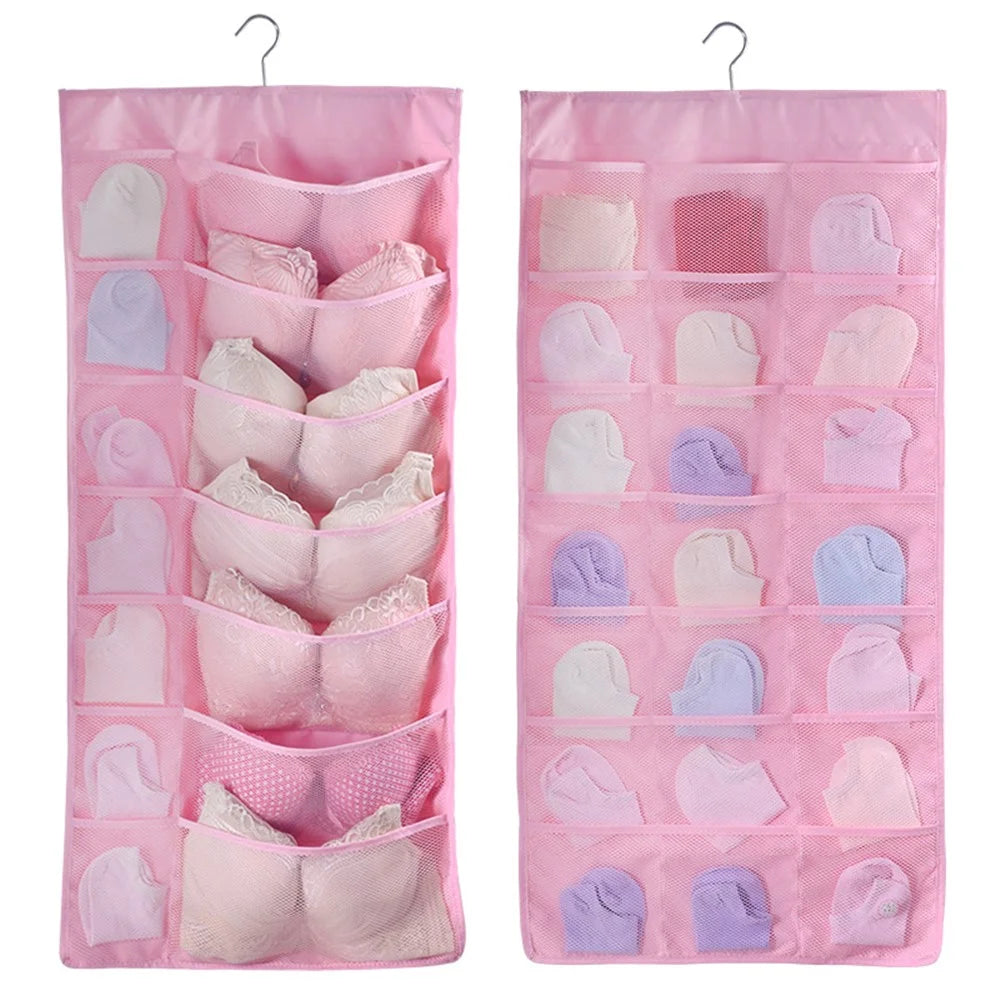 35 Pockets Oxford Cloth Double-Sided Hanging Bag Wardrobe Bra Underwear Socks Organizer - Pink - 1