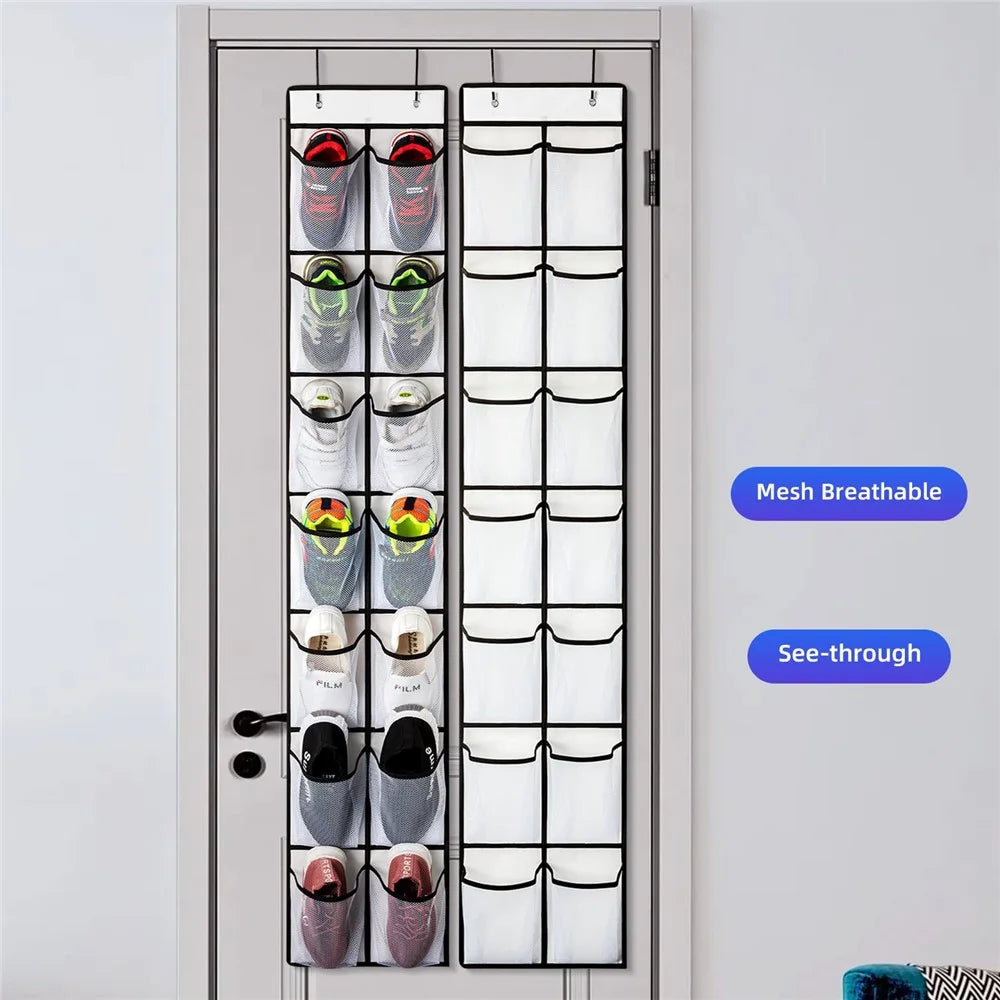 14 Pockets Non-Woven Shoes Hanging Organizer Transparent PVC Shoes Storage Bag - White - 2