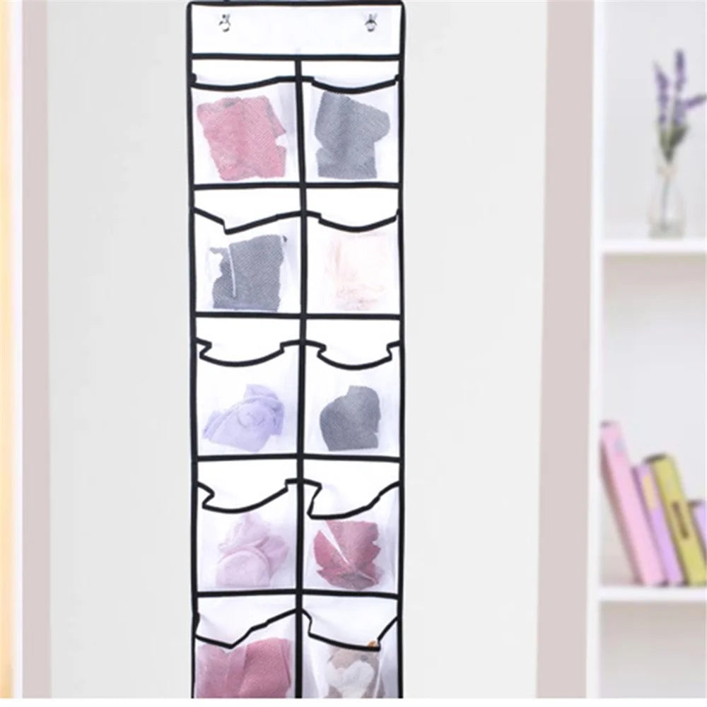 14 Pockets Non-Woven Shoes Hanging Organizer Transparent PVC Shoes Storage Bag - White - 3