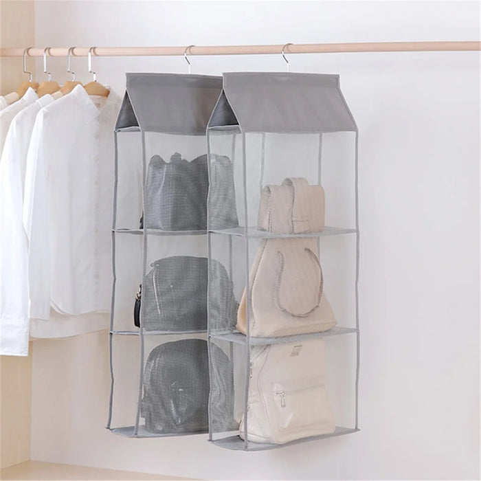 3 Layer Handbag Hanging Organizer Space Saving Non-woven Fabric Storage Bag - Grey - 2