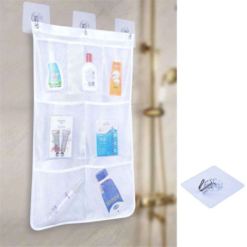 7 Grids Mesh Shower Hanging Bag Organiser Polyester Bathroom Hanging Pockets - 4