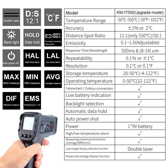 KAEMEASU KM-IT550 Dual-laser Infrared Thermometer Multifunctional Industrial Temperature Measurement Tool - 3