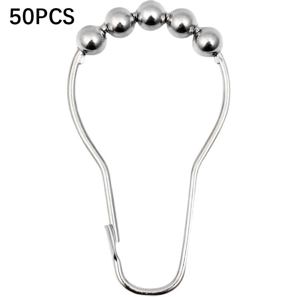 50Pcs 5-Beads Gourd Shaped Ring Stainless Steel Roller Ball Shower Curtain Hook - Silver - 1