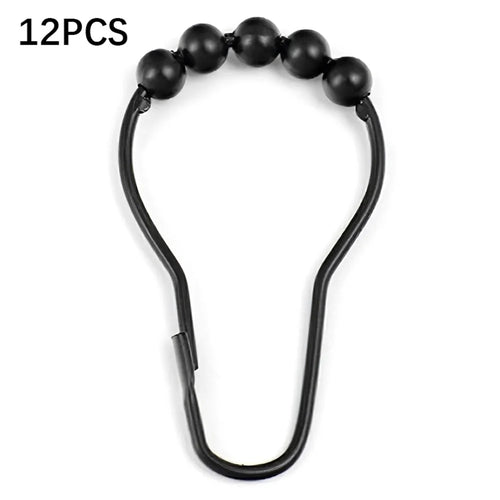 12Pcs Gourd Shaped Ring Stainless Steel 5-Beads Roller Ball Shower Curtain Hook - Black - 1