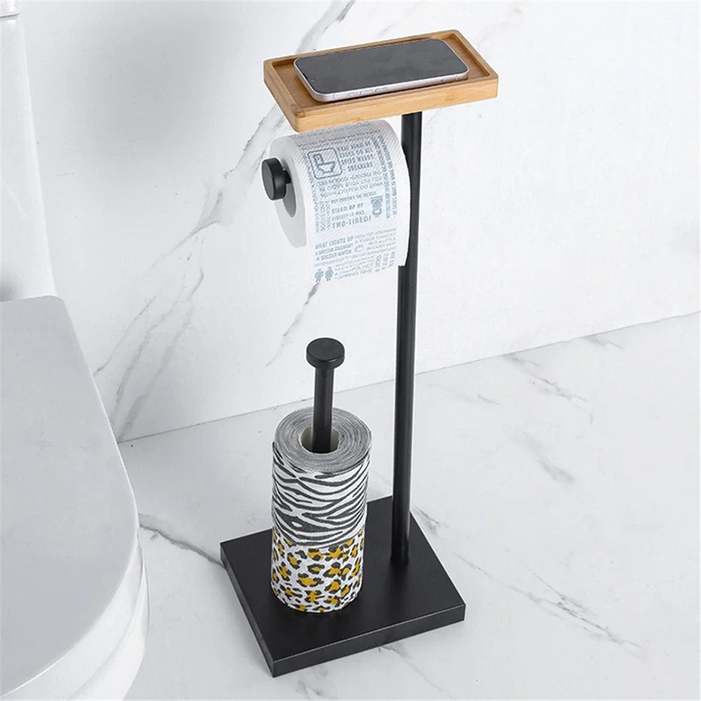 001-LDZJ01 Stainless Steel + Wood Dual Rod Bathroom Tissue Roll Holder Phone Storage Shelf - 2