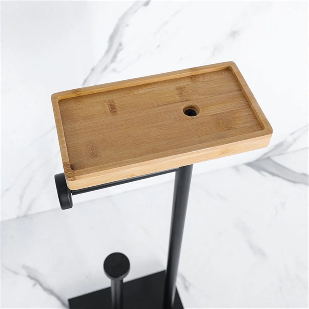 001-LDZJ01 Stainless Steel + Wood Dual Rod Bathroom Tissue Roll Holder Phone Storage Shelf - 3