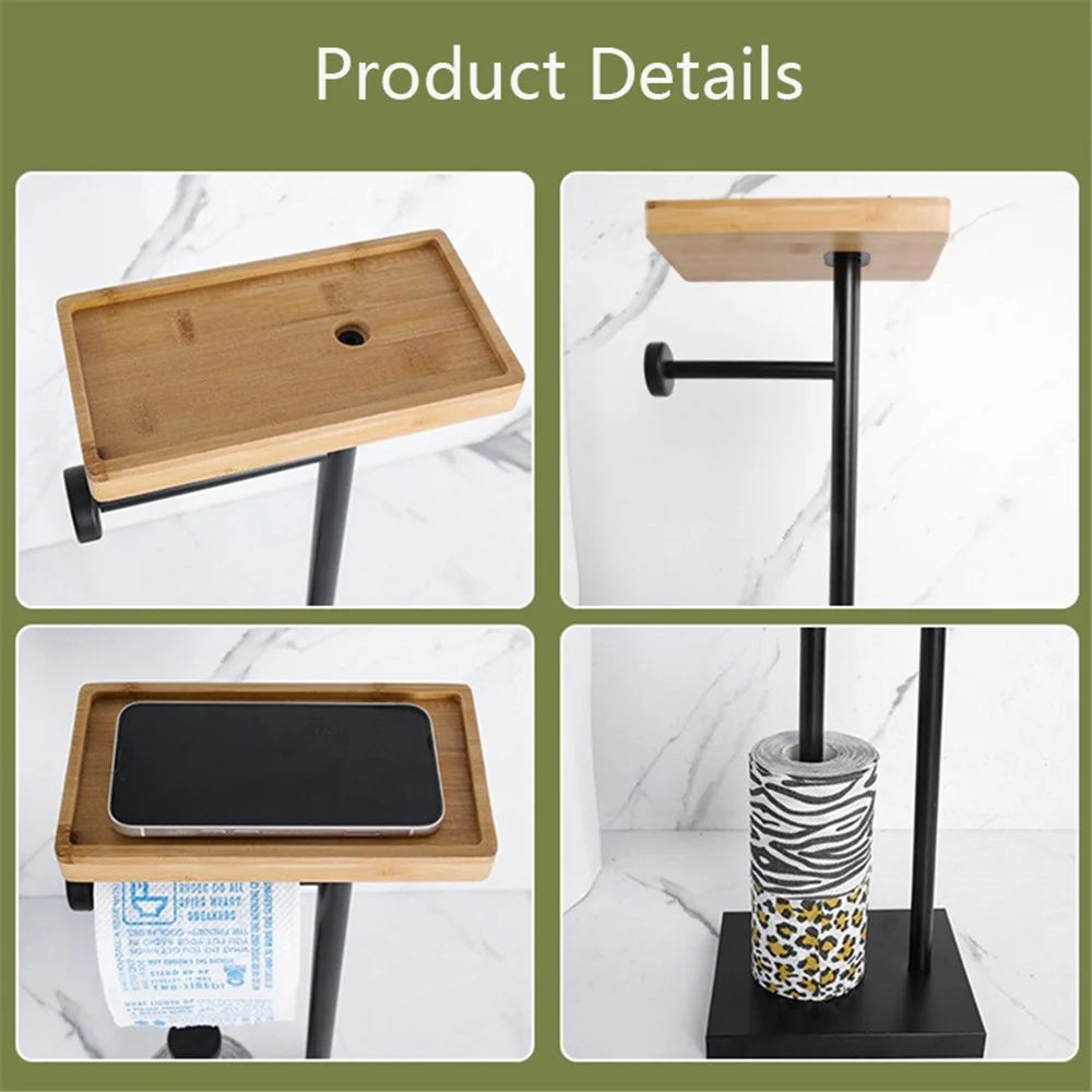 001-LDZJ01 Stainless Steel + Wood Dual Rod Bathroom Tissue Roll Holder Phone Storage Shelf - 6