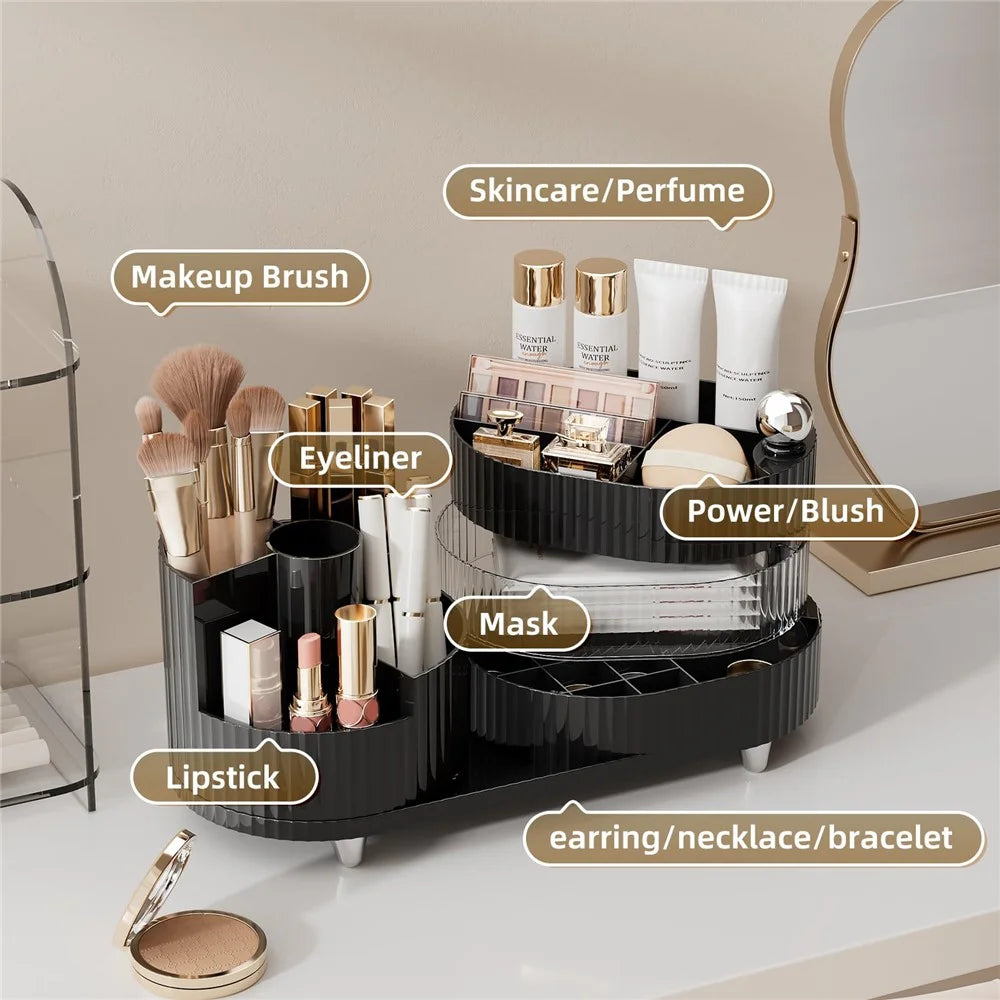 360 Degree Rotating Makeup Organizer Box Swivel Cosmetic Storage Rack  - Black - 3
