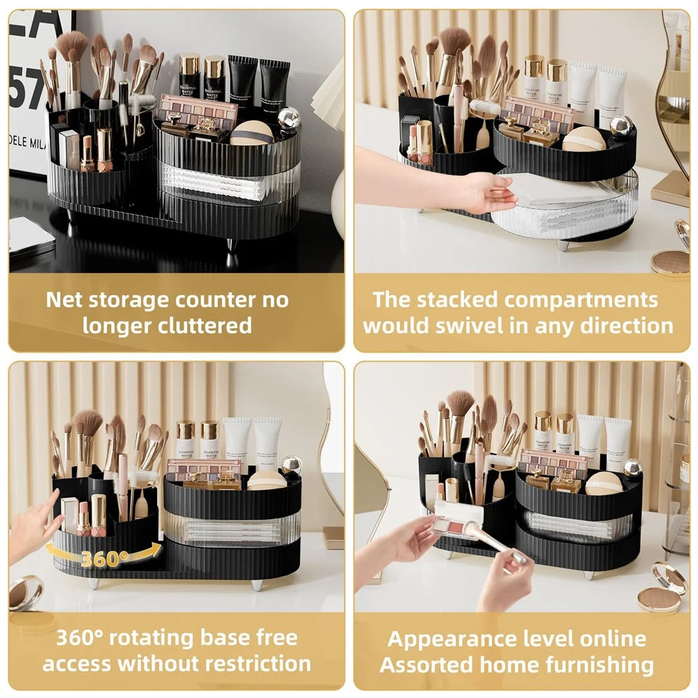 360 Degree Rotating Makeup Organizer Box Swivel Cosmetic Storage Rack  - Black - 4