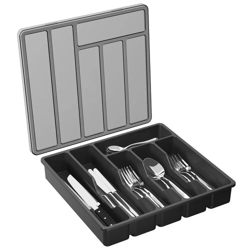 6 Compartments Silverware Organizer with Lid Cutlery Flatware Plastic Storage Box - Black - 1