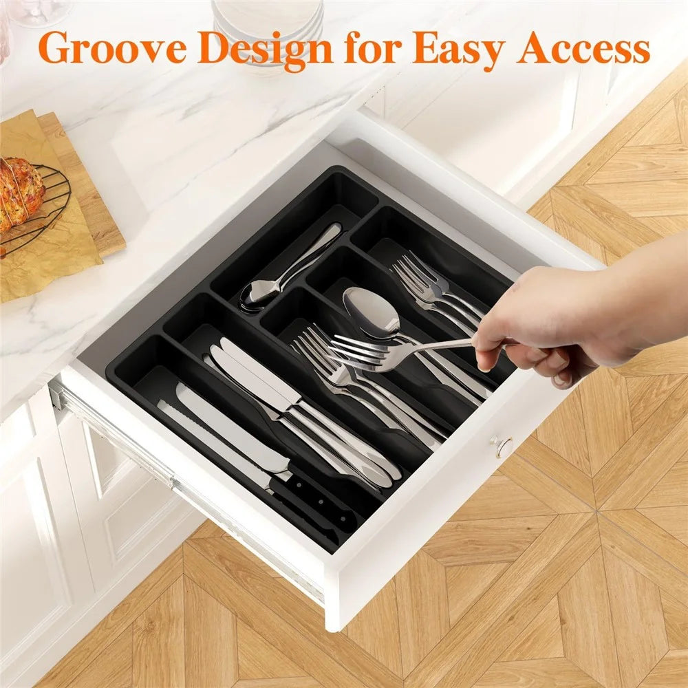 6 Compartments Silverware Organizer with Lid Cutlery Flatware Plastic Storage Box - Black - 2