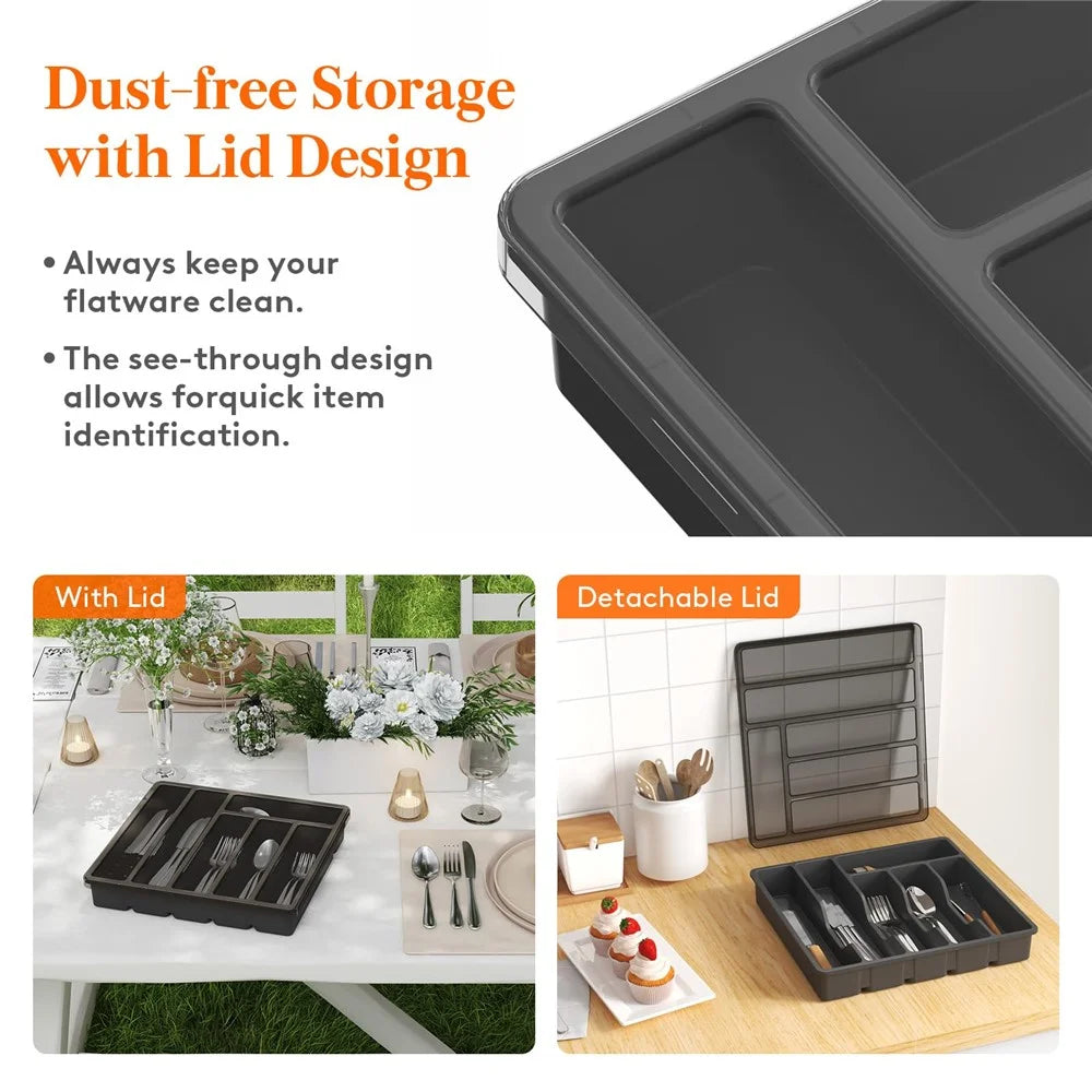 6 Compartments Silverware Organizer with Lid Cutlery Flatware Plastic Storage Box - Black - 5