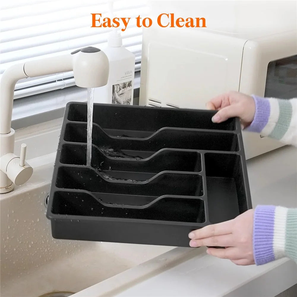 6 Compartments Silverware Organizer with Lid Cutlery Flatware Plastic Storage Box - Black - 6